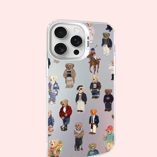 Capa de celular urso polo para iPhone 11 12 13 14 15 16 Pro Max, branca fosca e laser metálico.