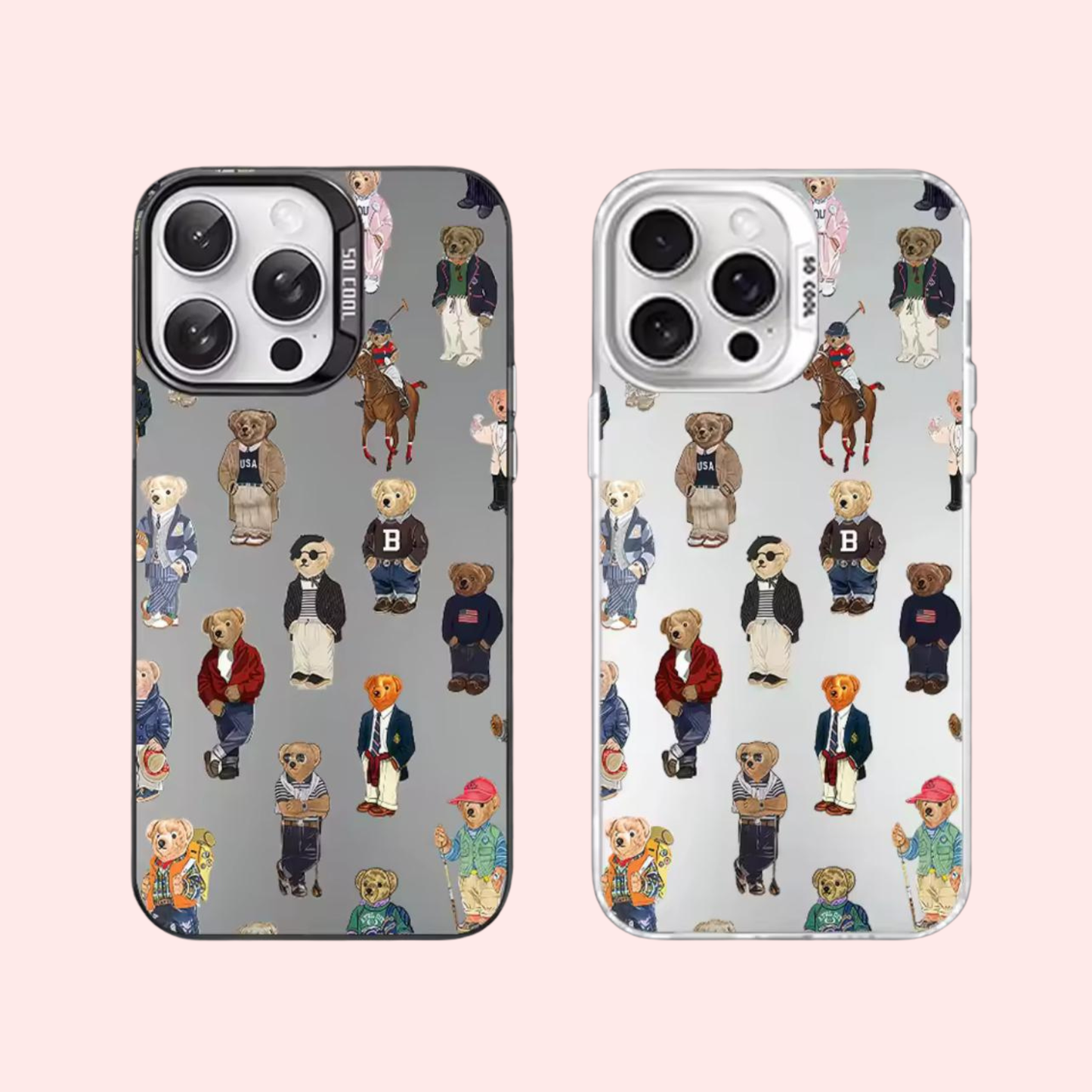 Capa de celular urso polo para iPhone 11 12 13 14 15 16 Pro Max, branca fosca e laser metálico.