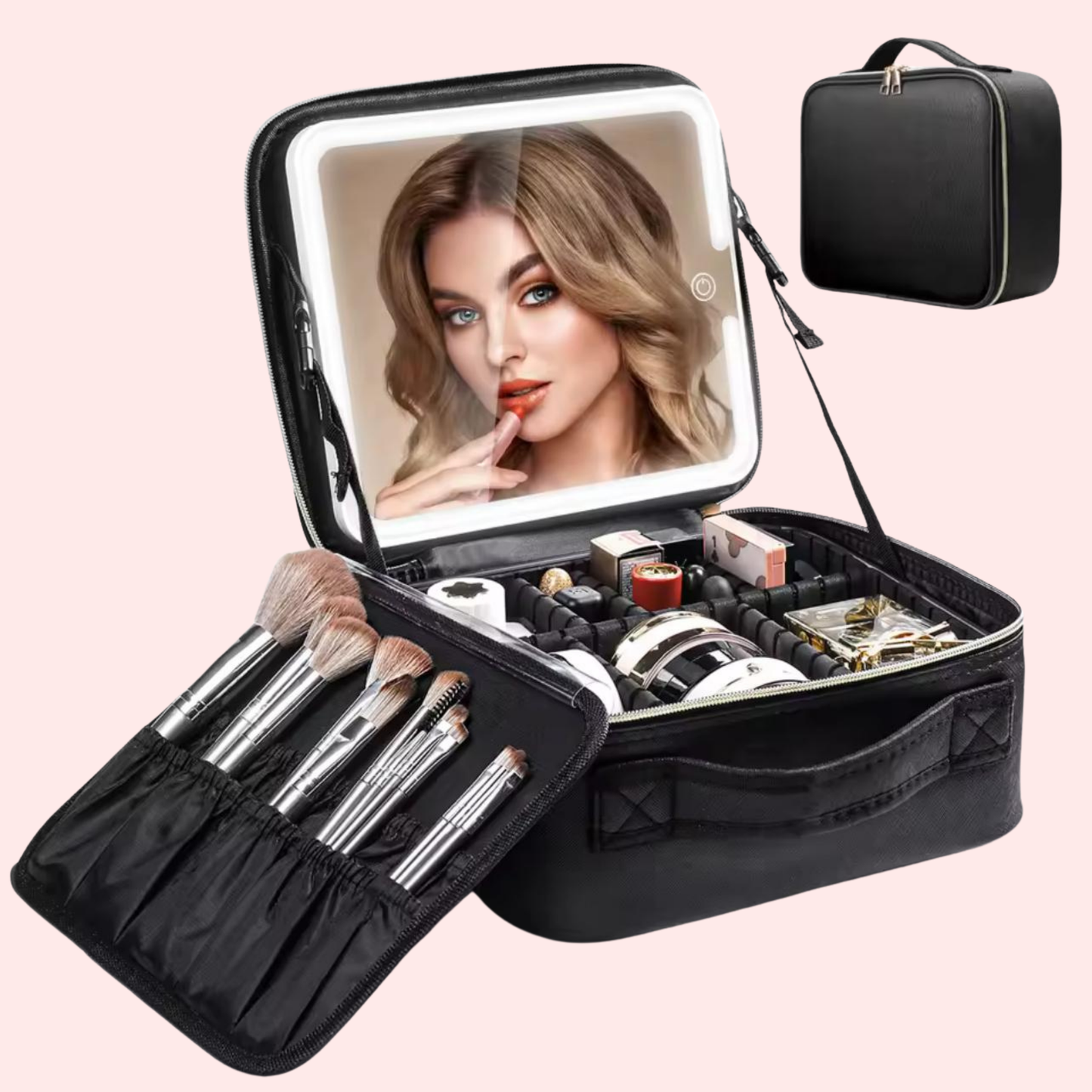 Bolsa de maquiagem com espelho iluminador LED com divisórias ajustáveis em duas cores Preto e Rosa.