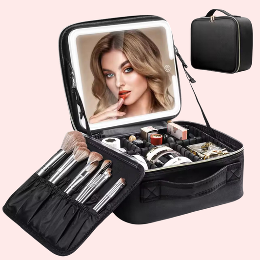 Bolsa de maquiagem com espelho iluminador LED com divisórias ajustáveis em duas cores Preto e Rosa.