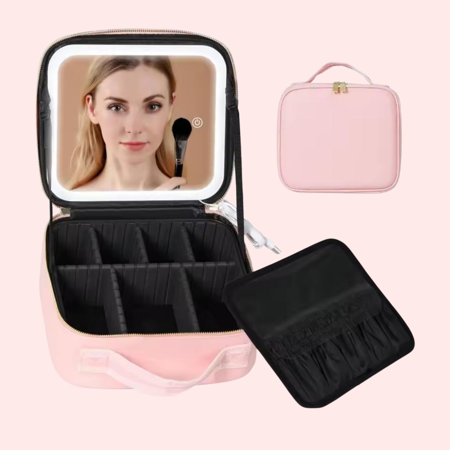 Bolsa de maquiagem com espelho iluminador LED com divisórias ajustáveis em duas cores Preto e Rosa.